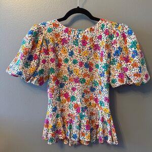 Albert Nipon Vintage 1980s silk floral blouse with puff sleeves and ruffle